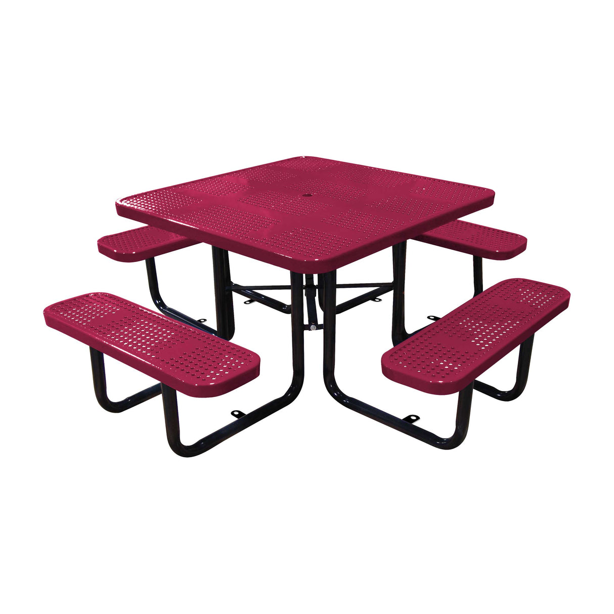 46" surface mount ADA square table in burgundy perforated seats and tops