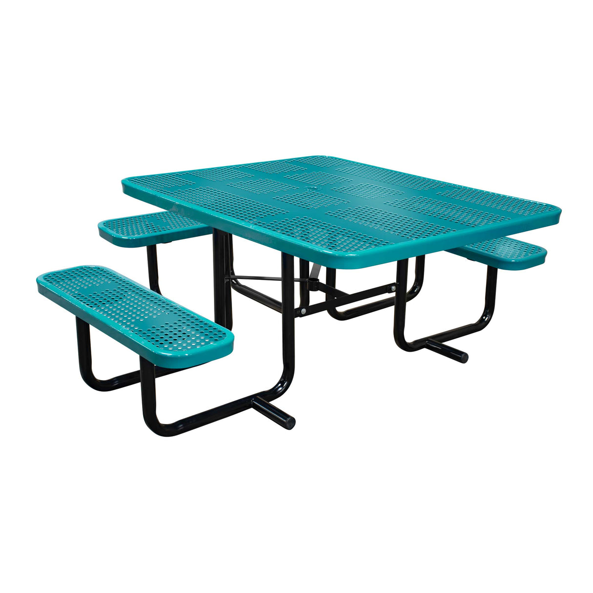 46" x 55" portable ADA table with seats in teal perforated metal