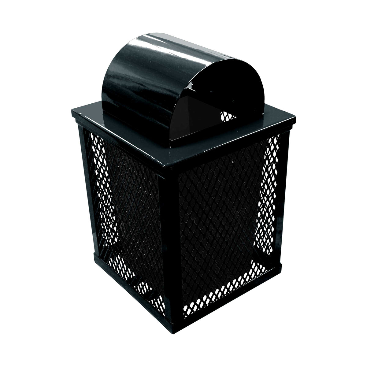 32 gal. square expanded metal receptacle with dome lid and square plastic liner in black thermoplastic finish - 3/4 view