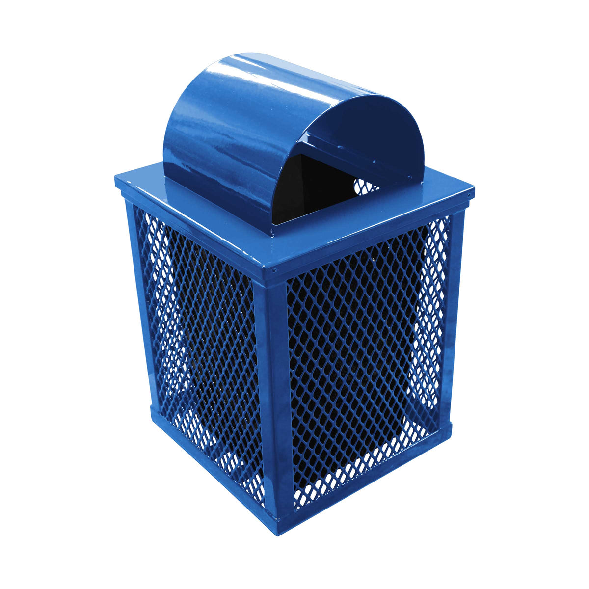 32 gal. square expanded metal receptacle with dome lid and square plastic liner in blue thermoplastic finish - 3/4 view