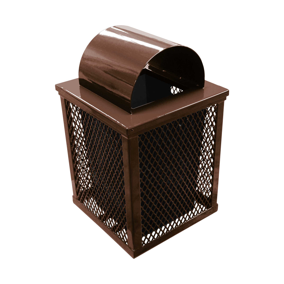 32 gal. square expanded metal receptacle with dome lid and square plastic liner in brown thermoplastic finish - 3/4 view