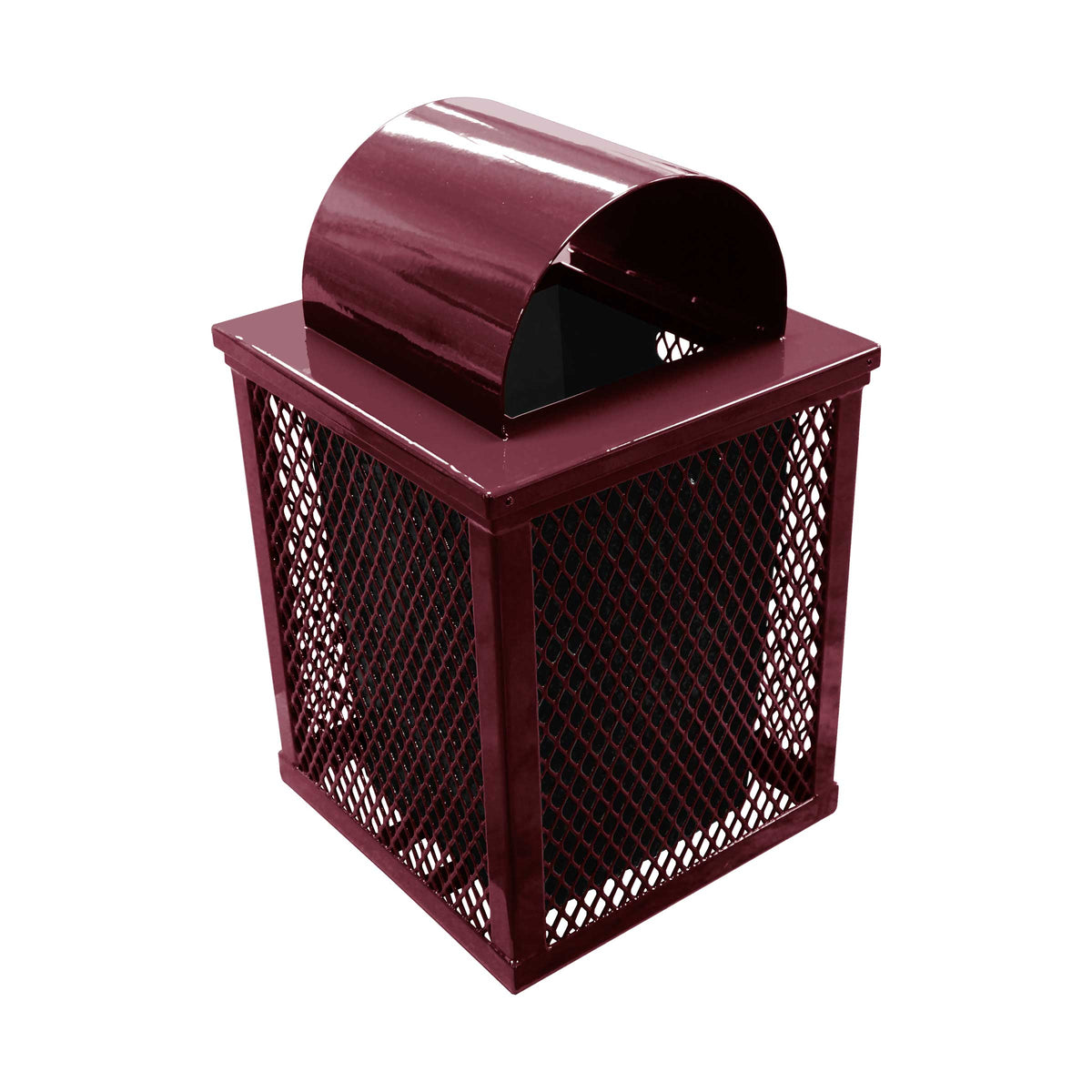 32 gal. square expanded metal receptacle with dome lid and square plastic liner in burgundy thermoplastic finish - 3/4 view