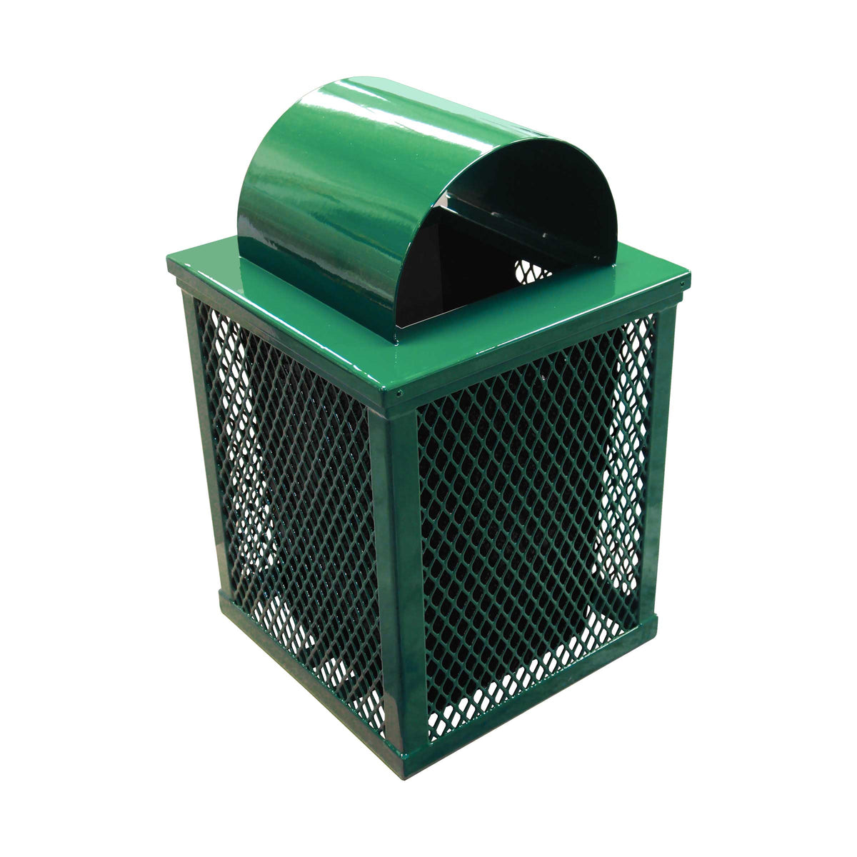 32 gal. square expanded metal receptacle with dome lid and square plastic liner in green thermoplastic finish - 3/4 view