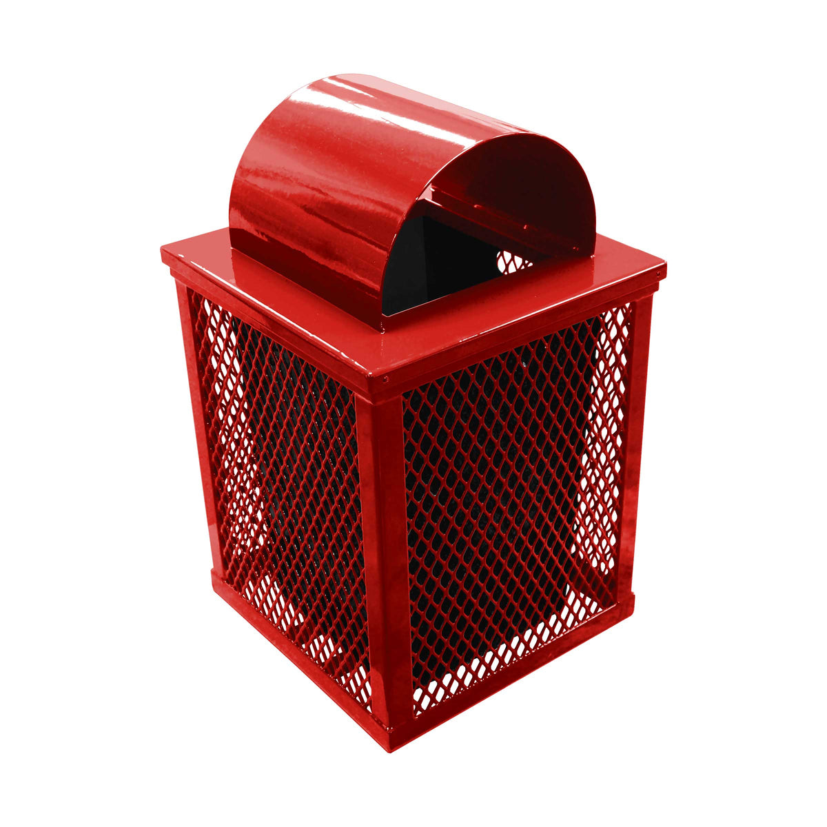 32 gal. square expanded metal receptacle with dome lid and square plastic liner in red thermoplastic finish - 3/4 view