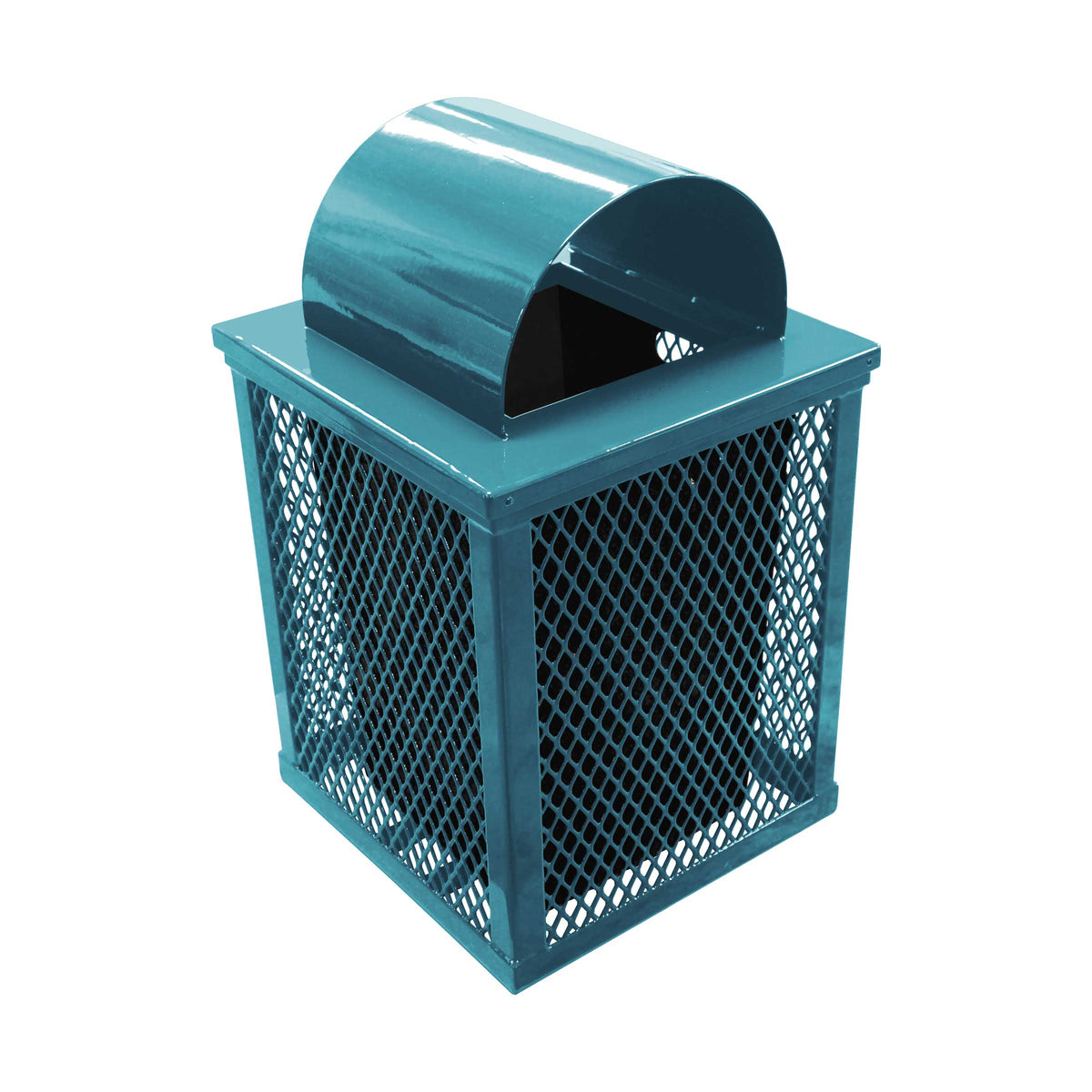 32 gal. square expanded metal receptacle with dome lid and square plastic liner in teal thermoplastic finish - 3/4 view