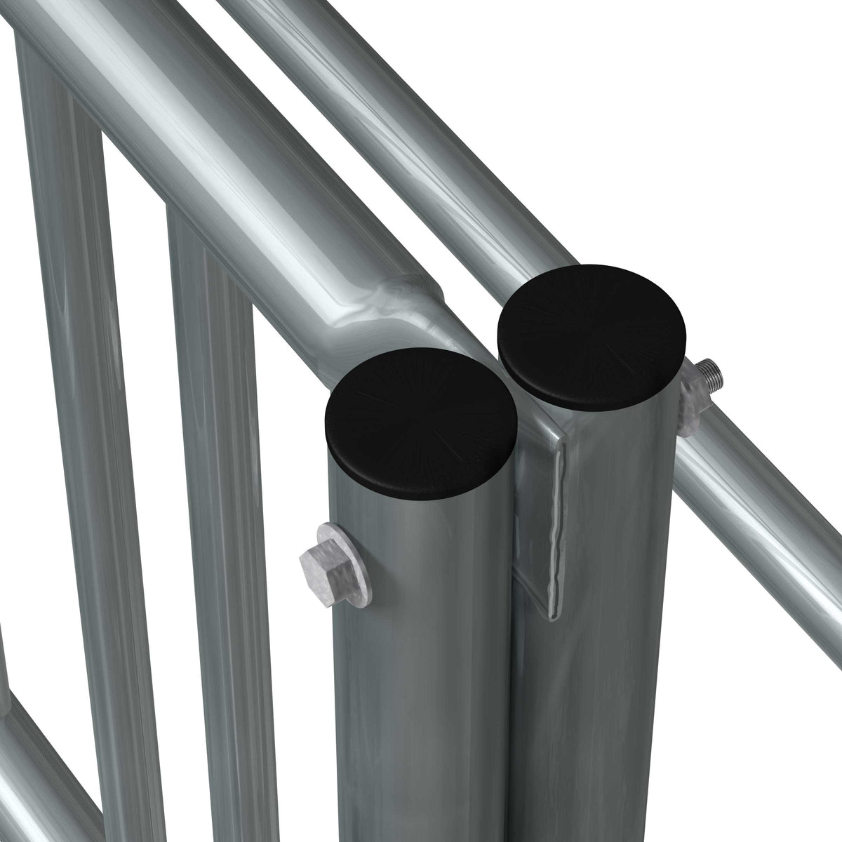 5 ft long bike rack of galvanized steel tubing - double sided in closeup view of right corner top endcaps