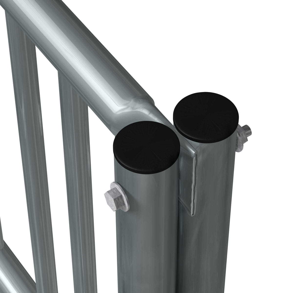 8 ft long bike rack of galvanized steel tubing - single sided in closeup view of right corner top endcaps