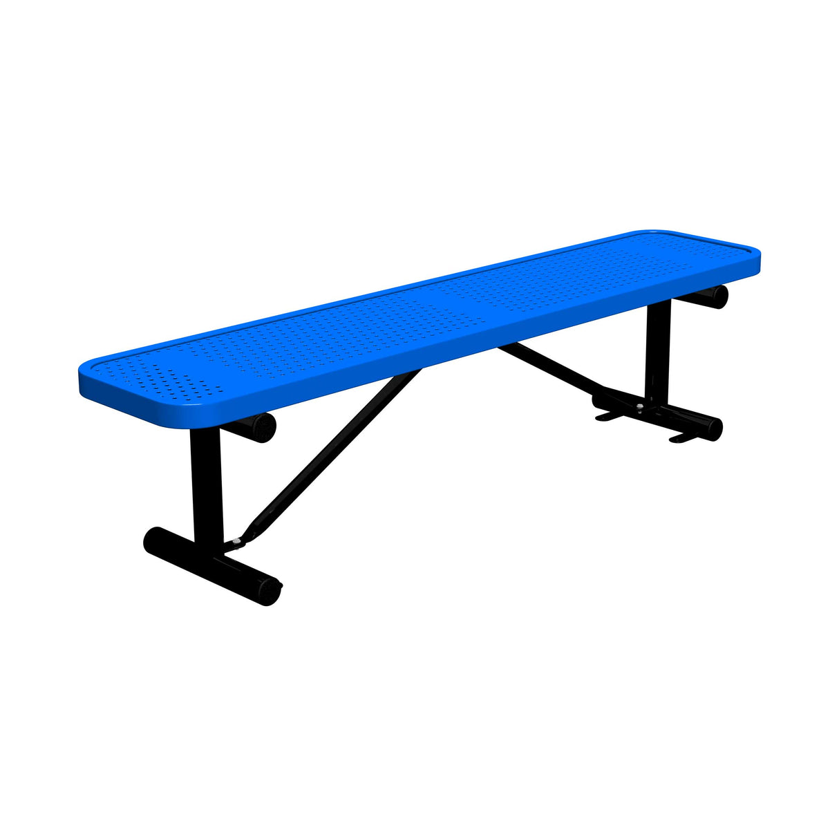 6 ft perforated surface mount players bench 15" wide with blue seat and black powder-coated legs