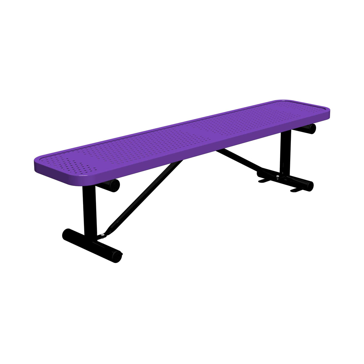 6 ft perforated surface mount players bench 15" wide with purple seat and black powder-coated legs