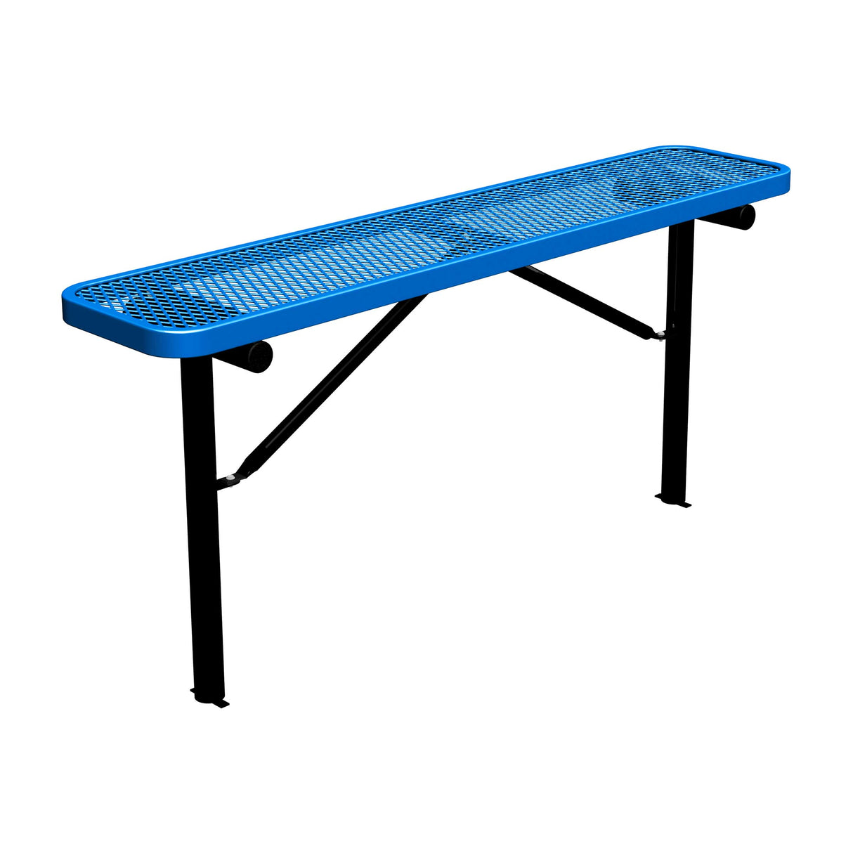 6 ft expanded metal in-ground mount players bench 15" wide with blue seat and black powder-coated legs