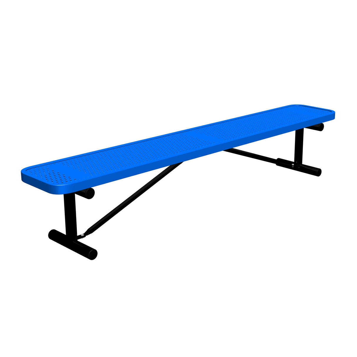 8 ft perforated portable mount players bench 15" wide with blue seat and black powder-coated legs