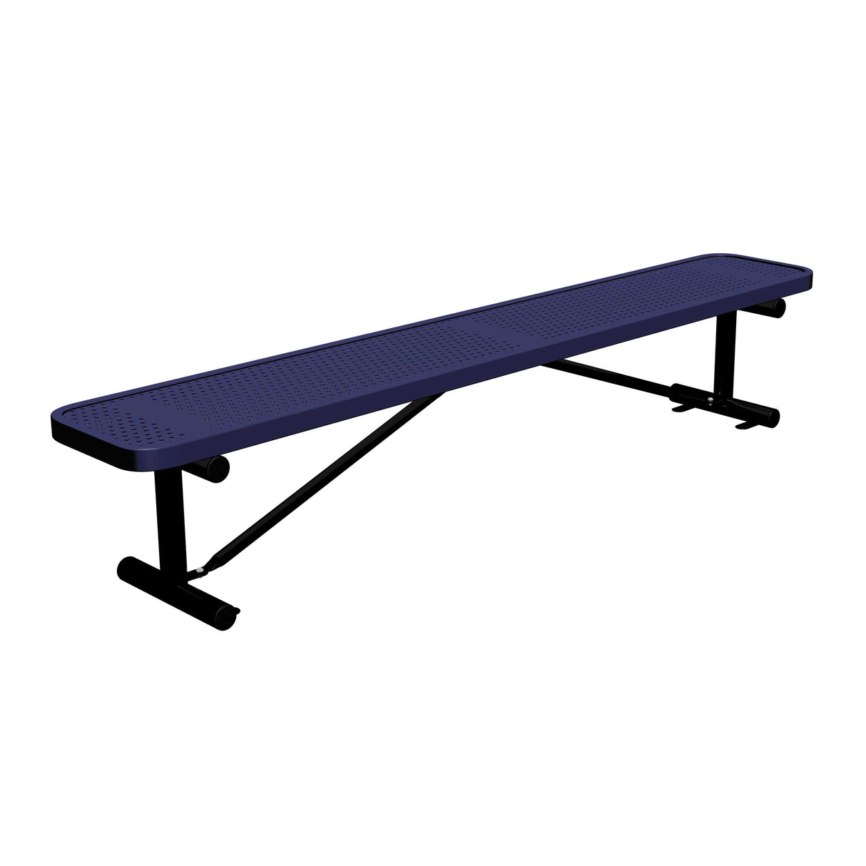 8 ft perforated surface mount players bench 15" wide with navy seat and black powder-coated legs