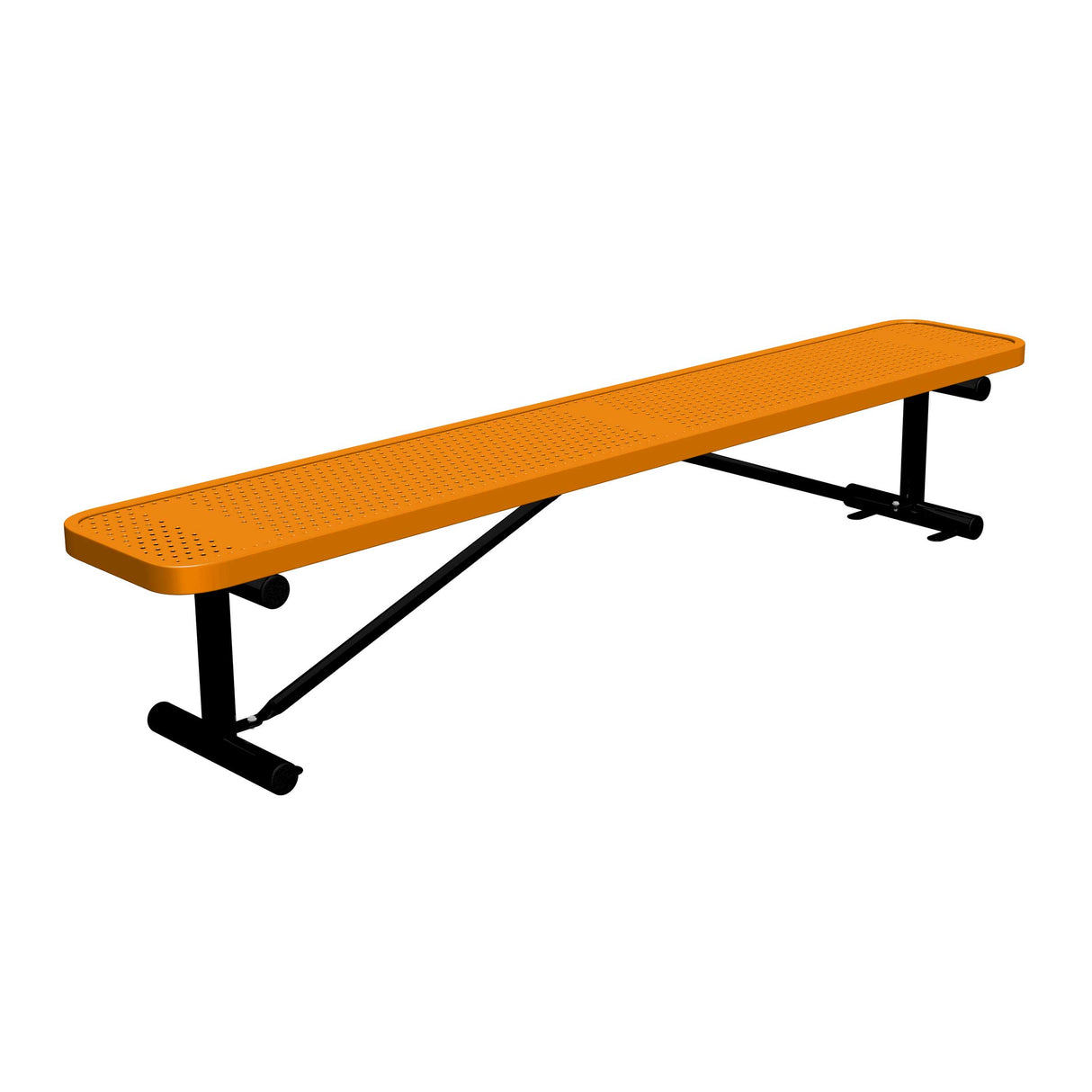 8 ft perforated surface mount players bench 15" wide with orange seat and black powder-coated legs
