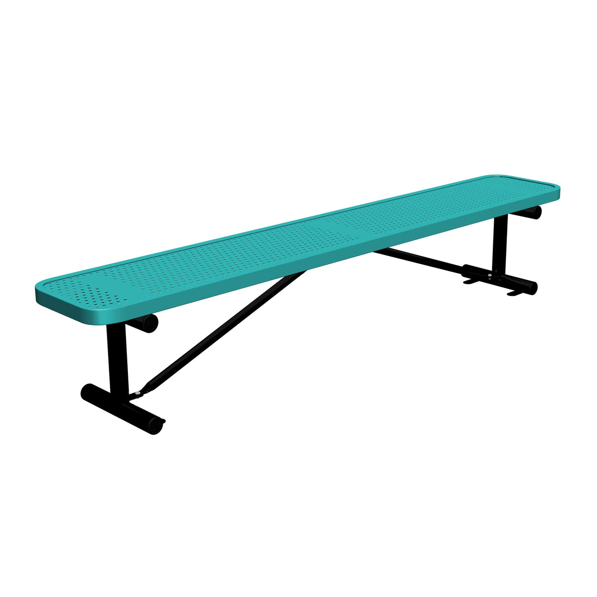 8 ft perforated surface mount players bench 15" wide with teal seat and black powder-coated legs