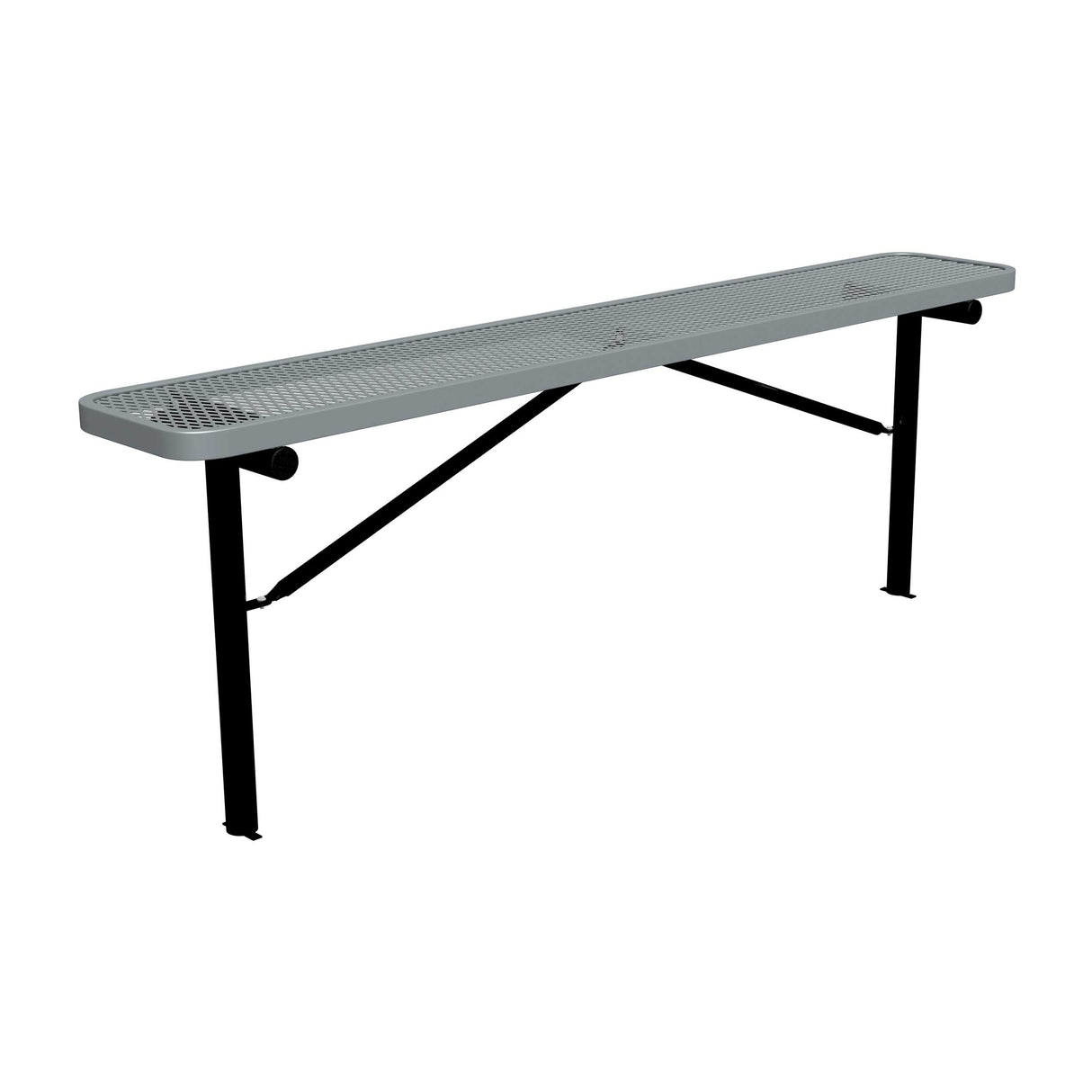 8 ft expanded metal in-ground mount players bench 15" wide with gray seat and black powder-coated legs