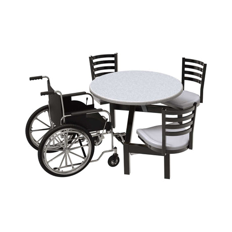 LCH-3S36RD-WC 3-seat 36 inch round covey cluster seat with fiberglass platinum top with dusk seats with wheelchair placed in open spot at table