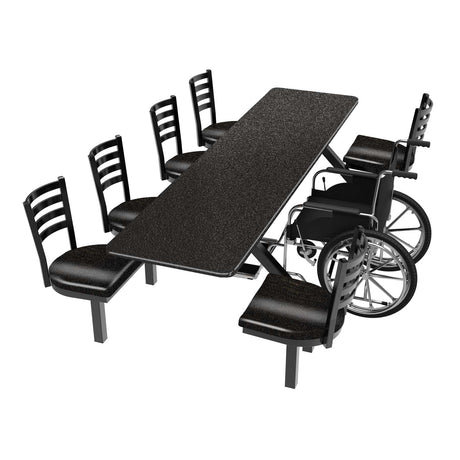 LCH-6S2496RECT-WC 6-seat 24 inch by 96 inch covey cluster seat fiberglass obsidian top and seats with wheelchair at ADA section of table