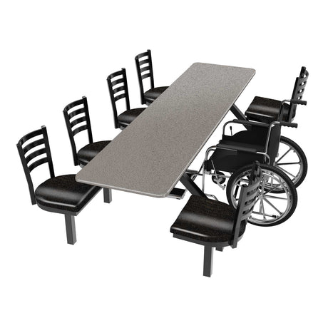 LCH-6S2496RECT-WC 6-seat ADA cluster seat table 24 inches by 96 inches with dove gray corian top and fiberglass obsidian seats with space for wheelchair