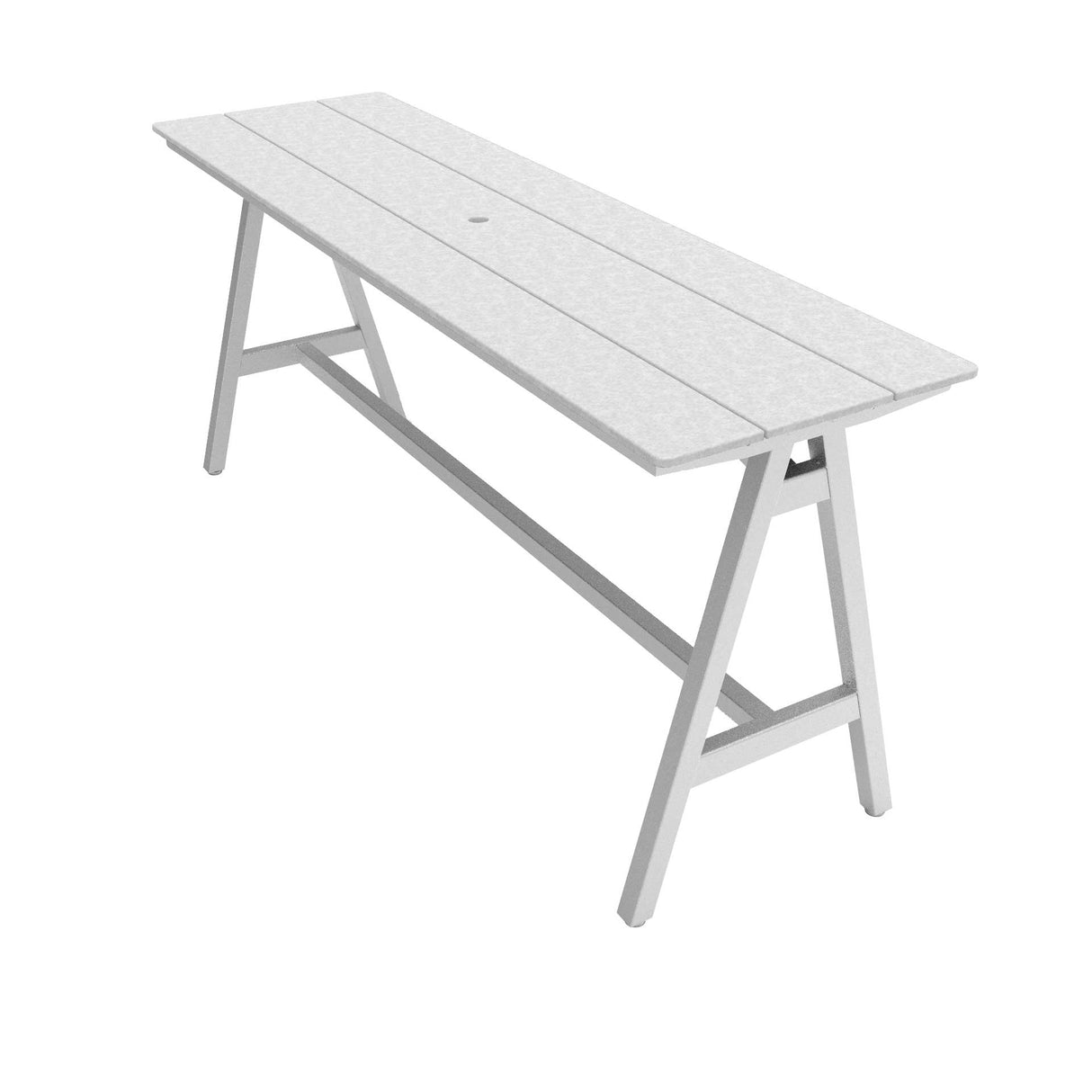 centra table 8 ft bright white multi-board planks on silver frame 42" high