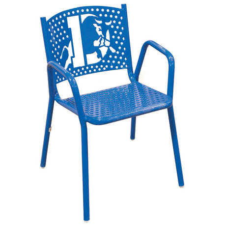 Blue stacking perforated chair with a cut out of the letter D and a Bull in the back of the chair.