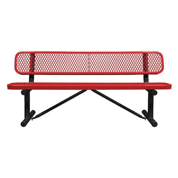 Red perforated bench with black legs on a white background.
