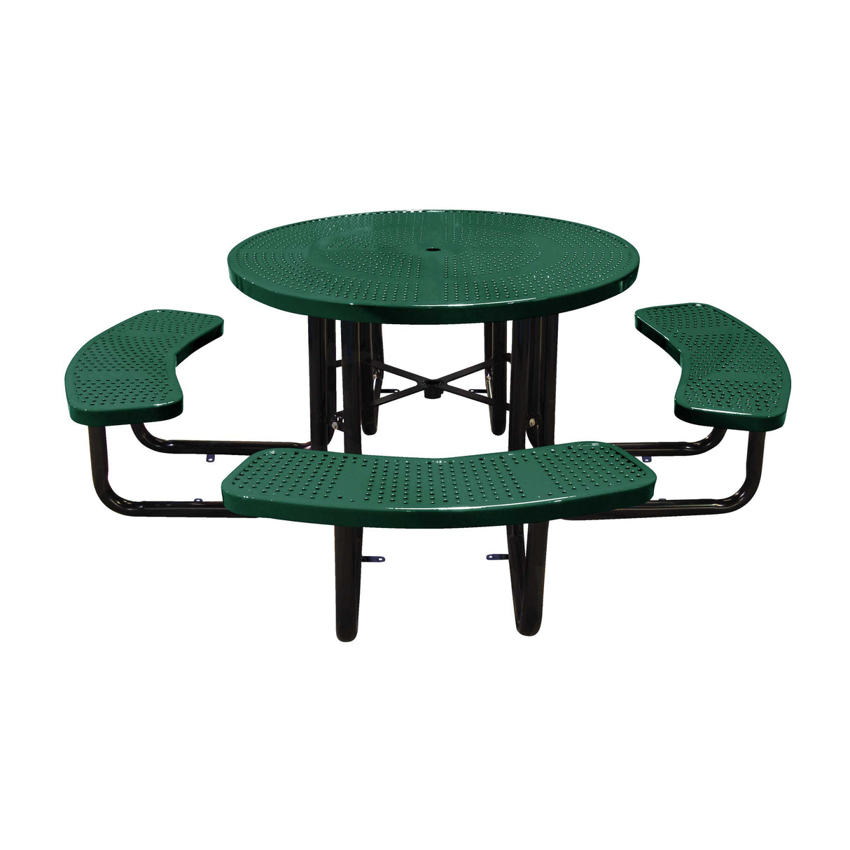 46" in-ground round table in black green perforated seats and tops