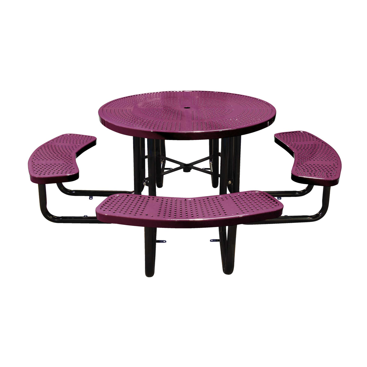 46" in-ground round table in burgundy perforated seats and tops