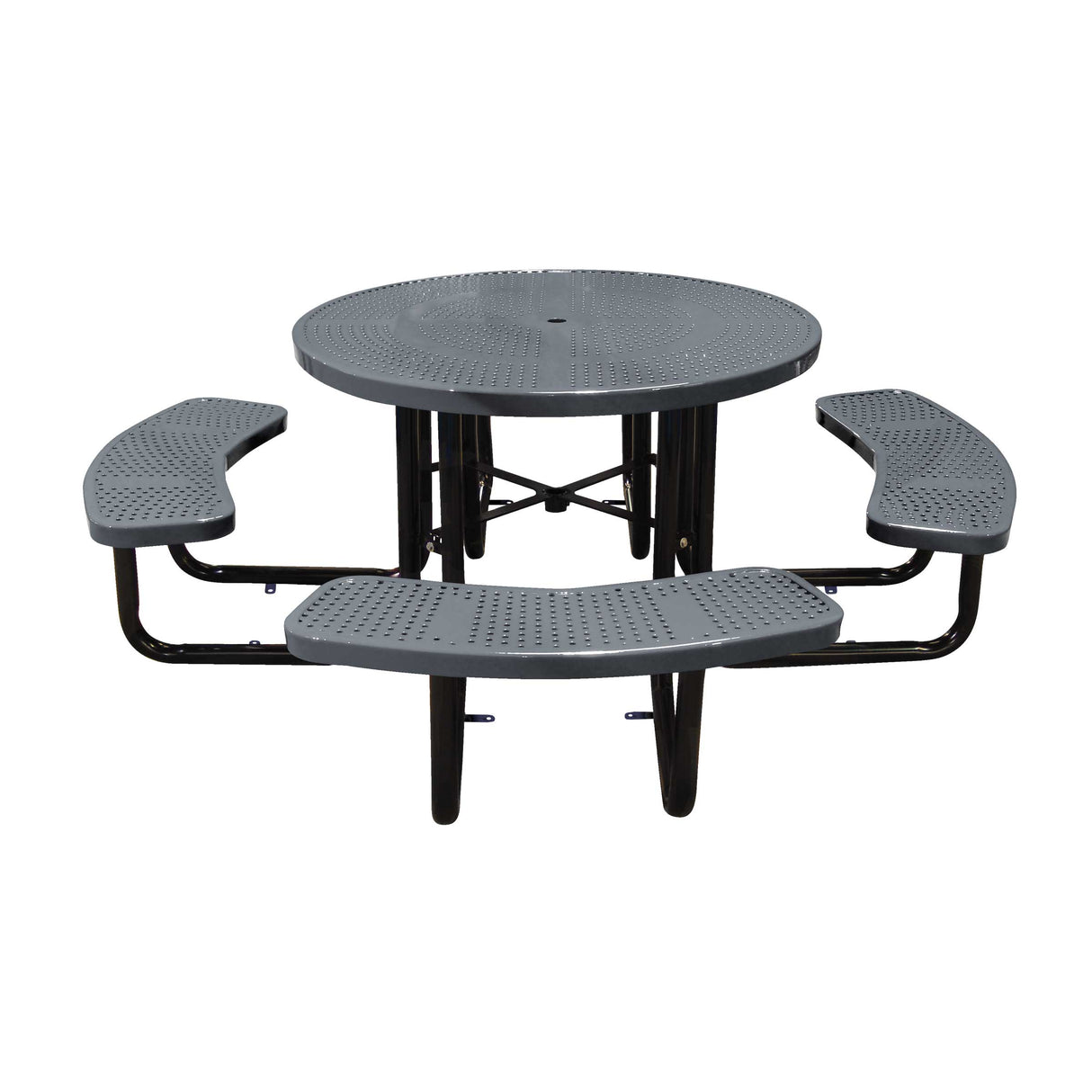 46" in-ground round table in dark gray perforated seats and tops