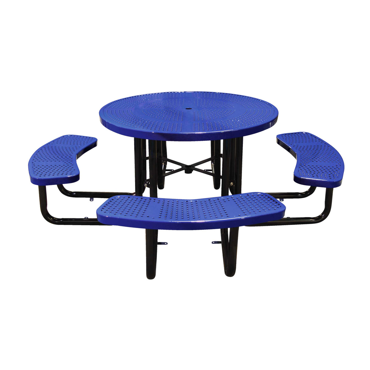 46" in-ground round table in navy perforated seats and tops