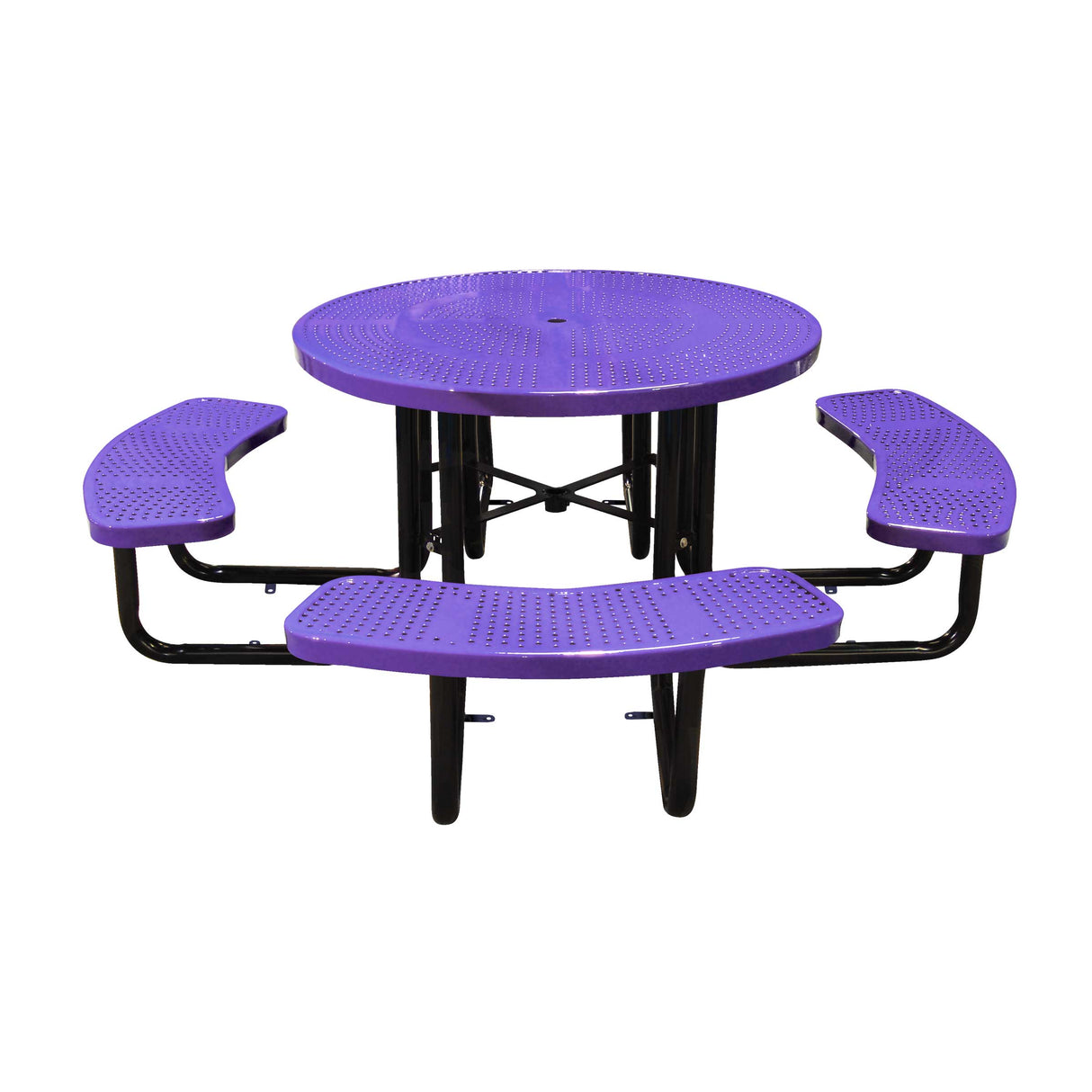 46" in-ground round table in purple perforated seats and tops
