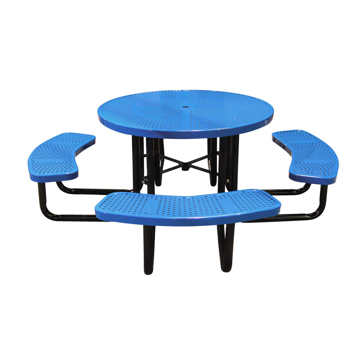 46" portable round table in blue perforated seats and tops