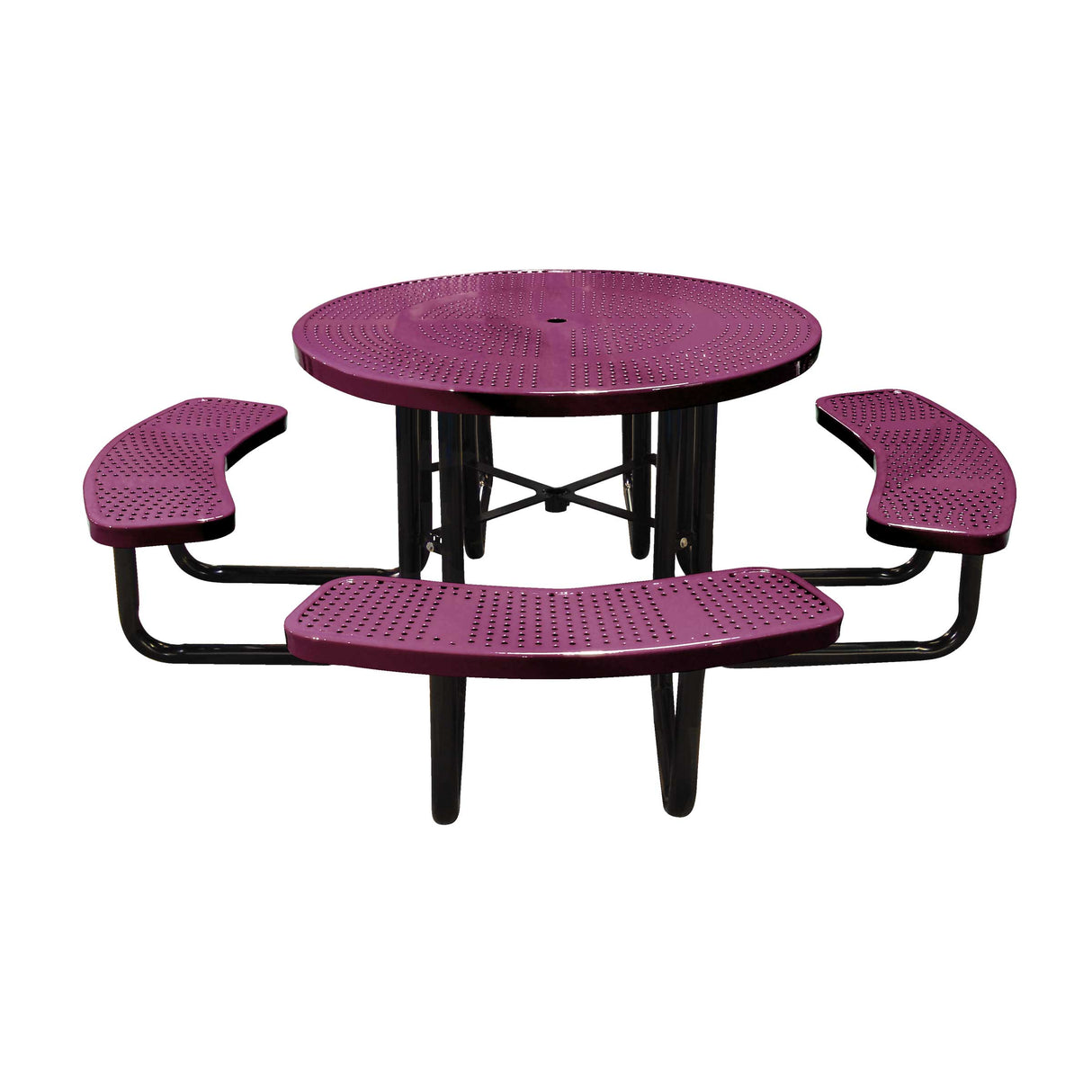 46" portable round table in burgundy perforated seats and tops
