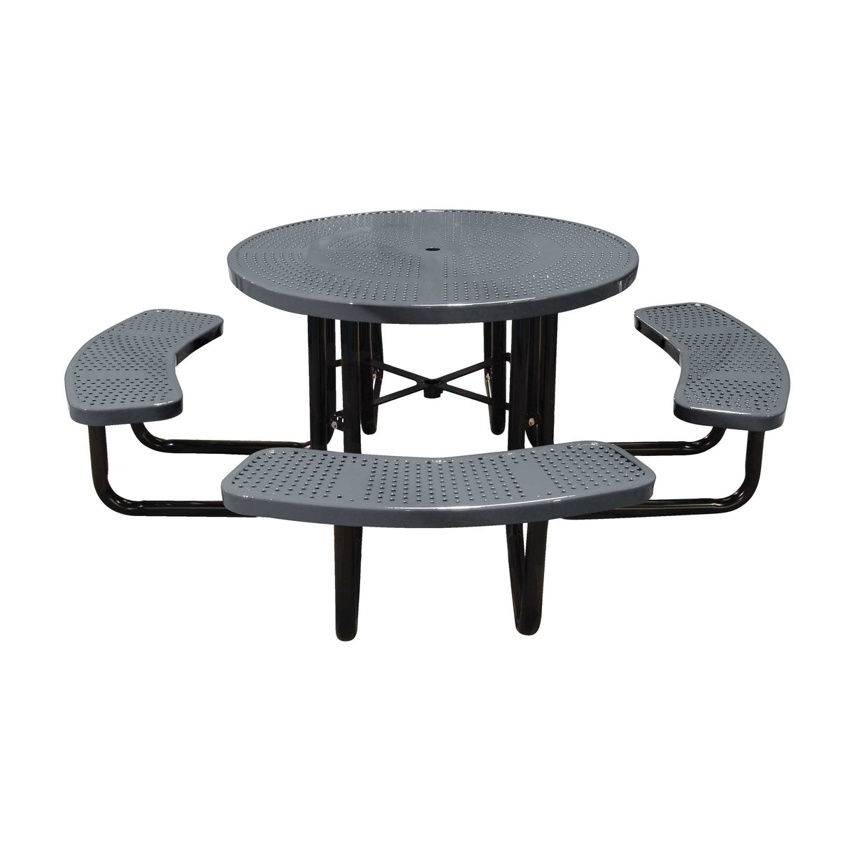 46" portable round table in dark gray perforated seats and tops