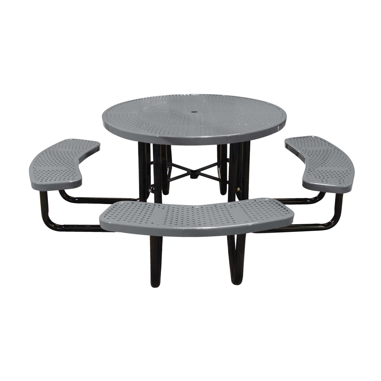 46" portable round table in gray perforated seats and tops
