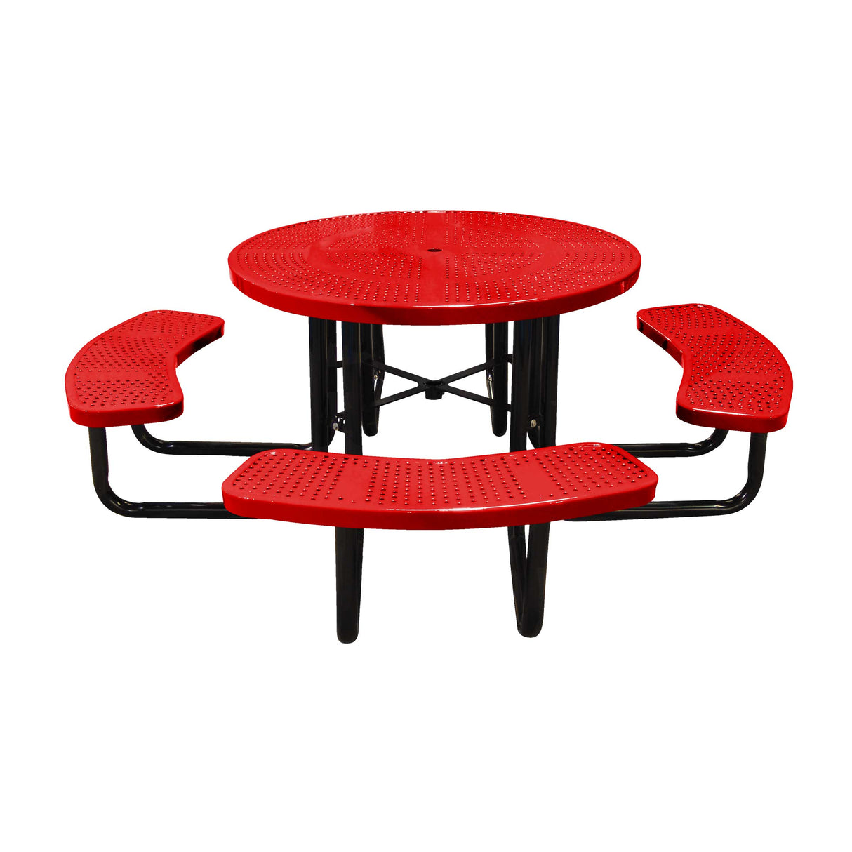 46" portable round table in red perforated seats and tops