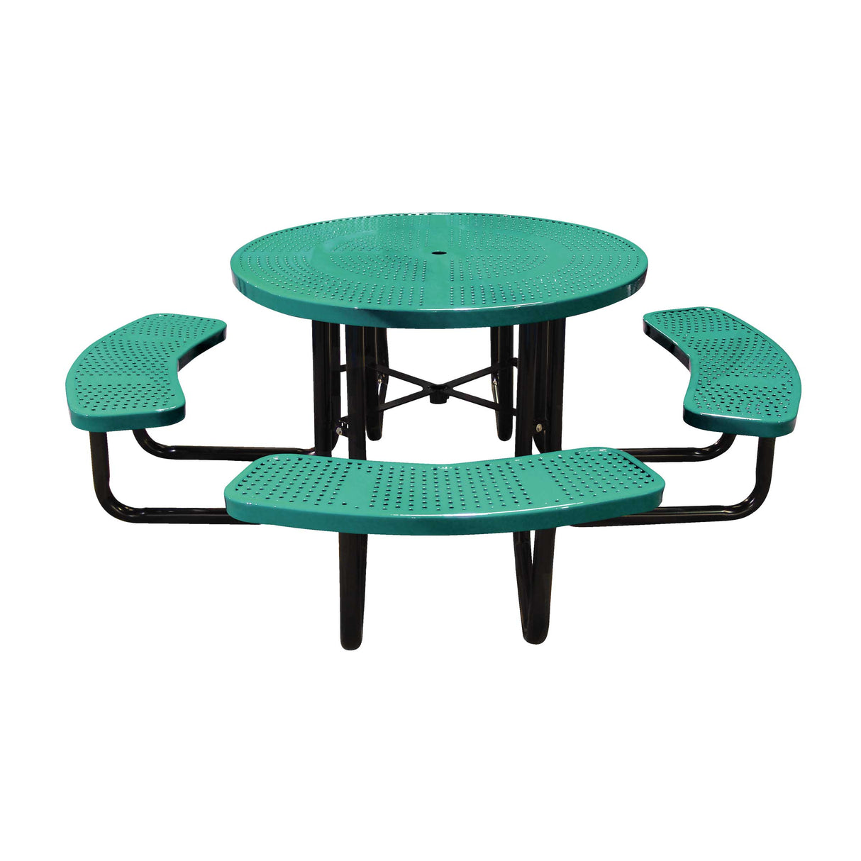 46" portable round table in teal perforated seats and tops
