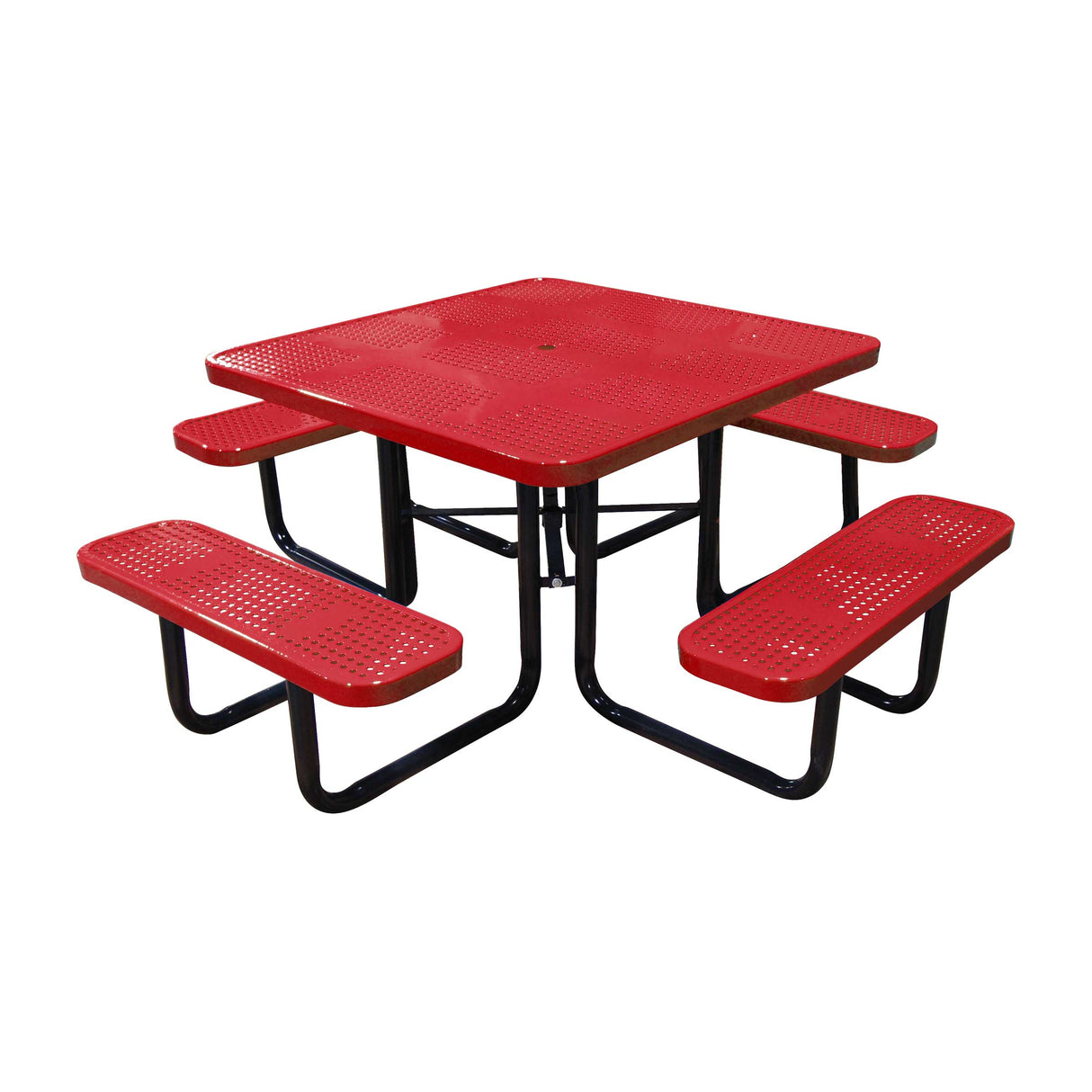 46" portable ADA square table in red perforated seats and tops