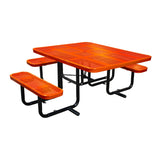 46" x 55" ADA surface mount table with seats in orange perforated metal