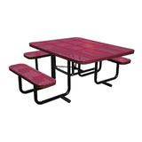 46" x 55" portable ADA table with seats in burgundy perforated metal
