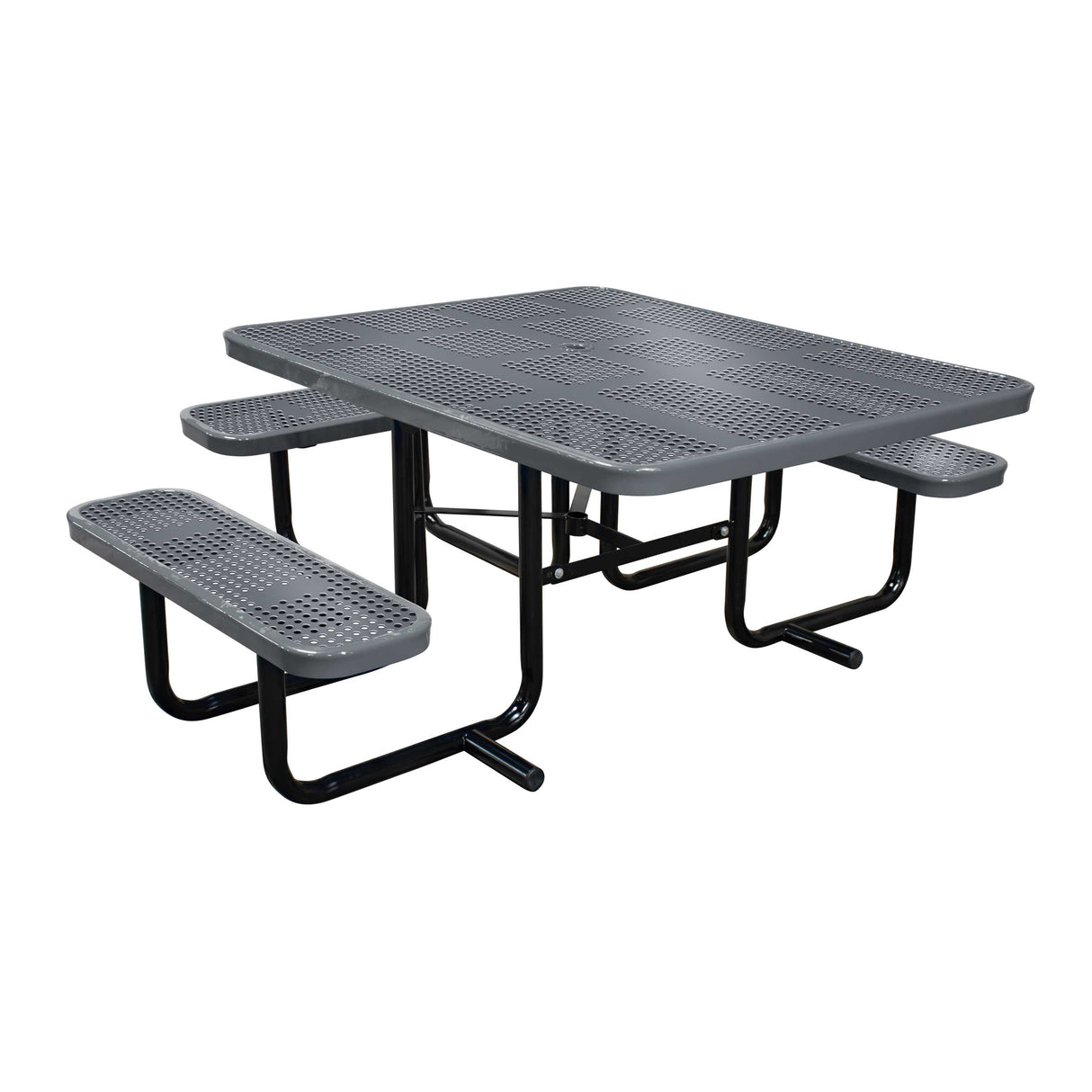 46" x 55" portable ADA table with seats in dark gray perforated metal