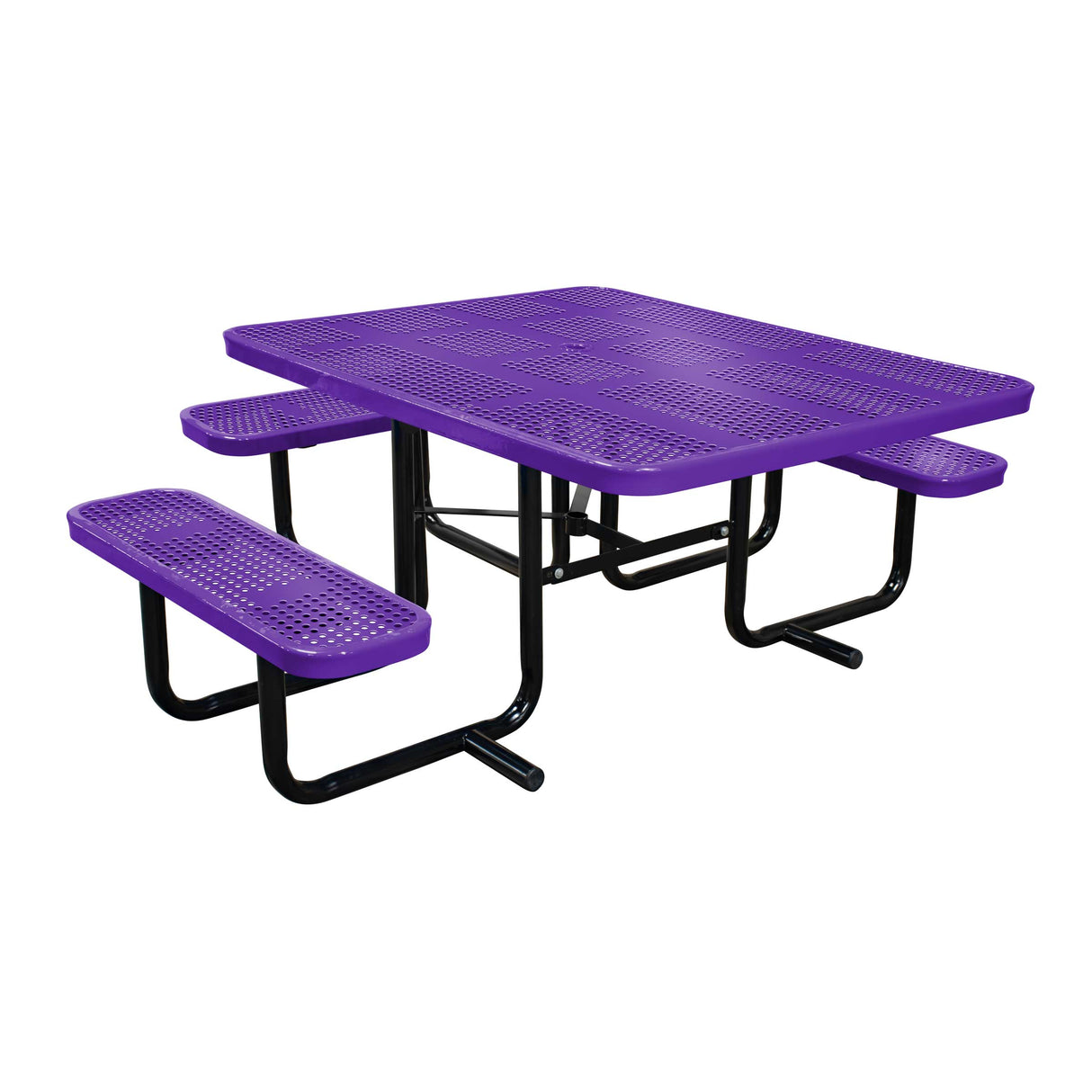 46" x 55" portable ADA table with seats in purple perforated metal