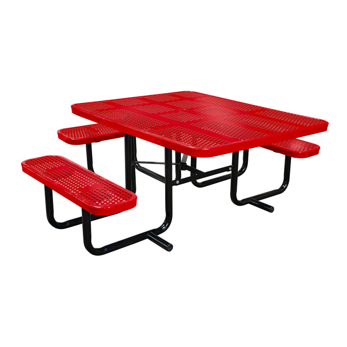 46" x 55" portable ADA table with seats in red perforated metal