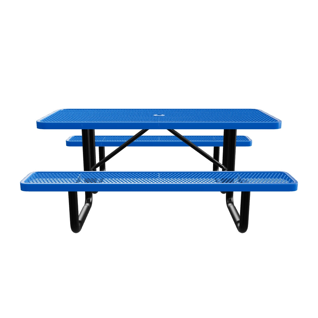 Blue perforated picnic table.